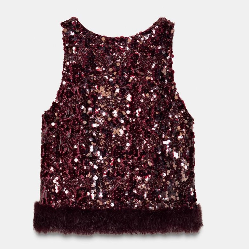 NWT- Zara SEQUIN TOP WITH FAUX FUR HEM, L